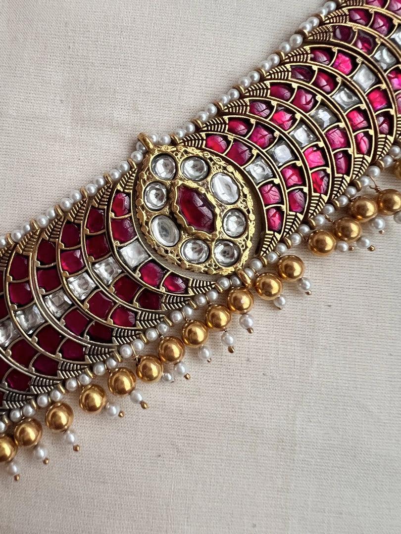 Gold polish kundan & ruby choker with pearls and gold beads-Silver Neckpiece-CI-House of Taamara