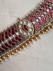 Gold polish kundan & ruby choker with pearls and gold beads-Silver Neckpiece-CI-House of Taamara