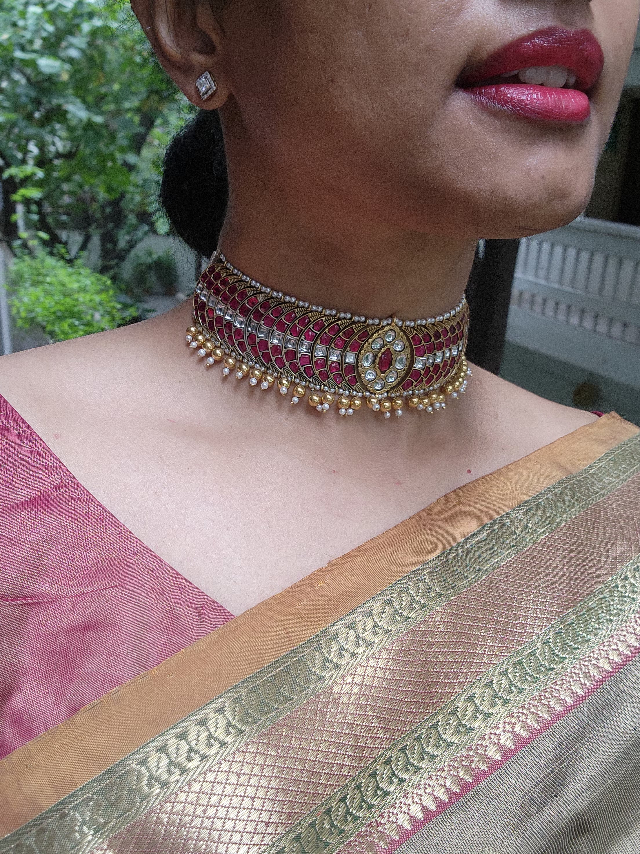 Gold polish kundan & ruby choker with pearls and gold beads-Silver Neckpiece-CI-House of Taamara