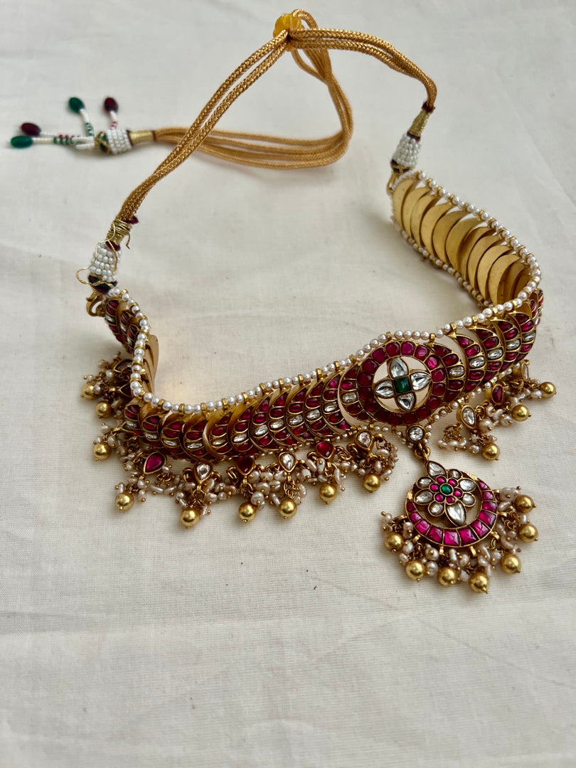 Gold polish kundan & ruby choker with pearls and gold beads-Silver Neckpiece-CI-House of Taamara