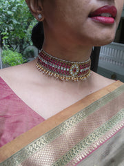 Gold polish kundan & ruby choker with pearls and gold beads-Silver Neckpiece-CI-House of Taamara