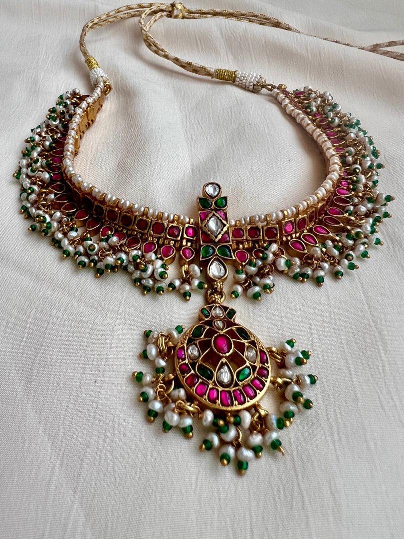 Gold polish kundan & ruby choker with pearls and green onyx beads-Silver Neckpiece-CI-House of Taamara