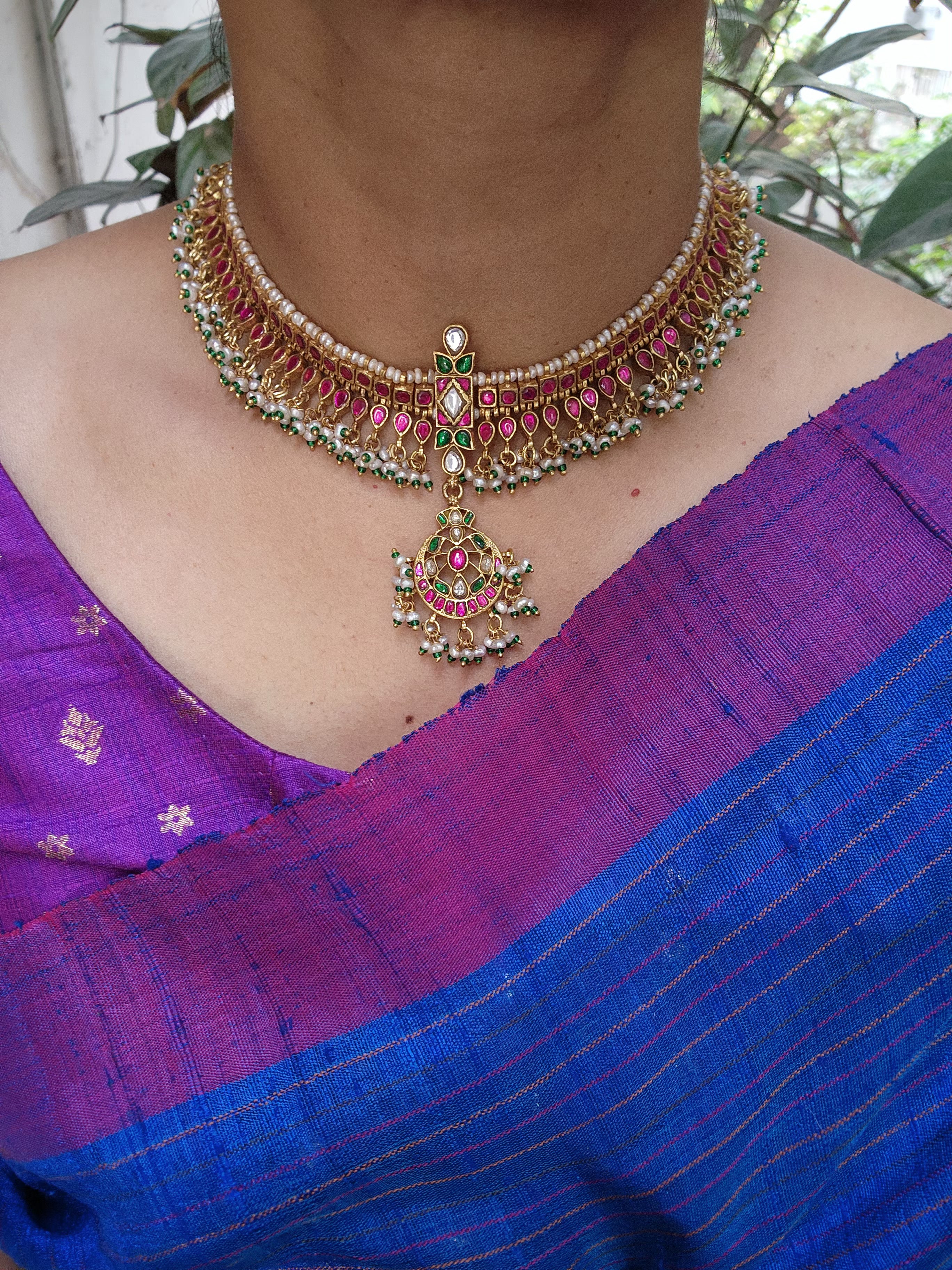 Gold polish kundan & ruby choker with pearls and green onyx beads-Silver Neckpiece-CI-House of Taamara