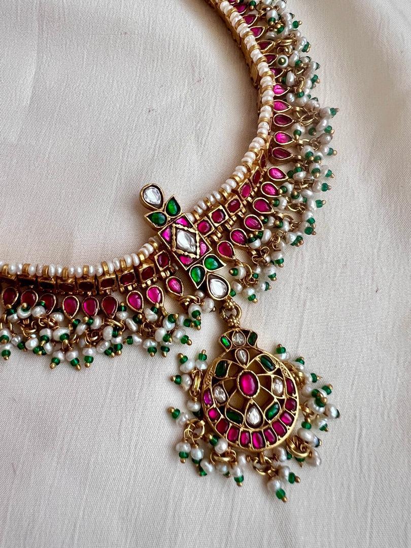 Gold polish kundan & ruby choker with pearls and green onyx beads-Silver Neckpiece-CI-House of Taamara