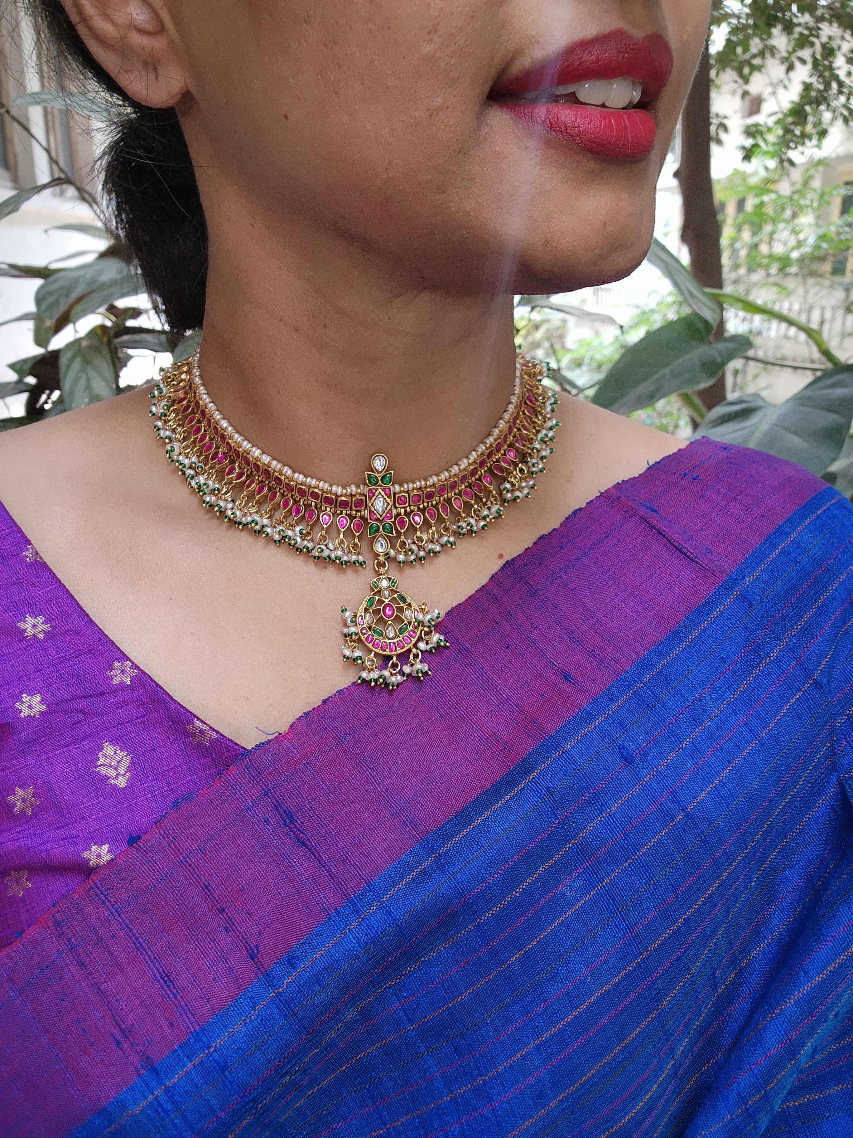 Gold polish kundan & ruby choker with pearls and green onyx beads-Silver Neckpiece-CI-House of Taamara