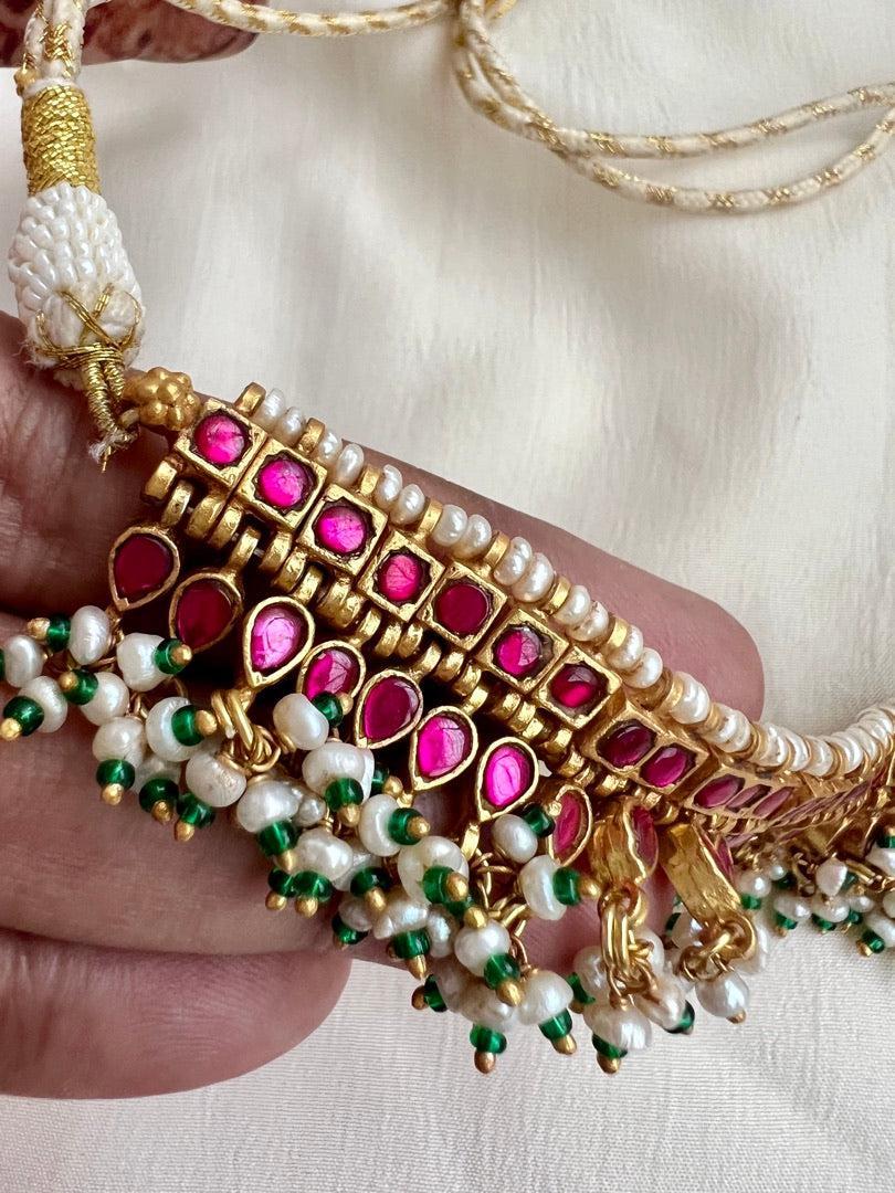 Gold polish kundan & ruby choker with pearls and green onyx beads-Silver Neckpiece-CI-House of Taamara