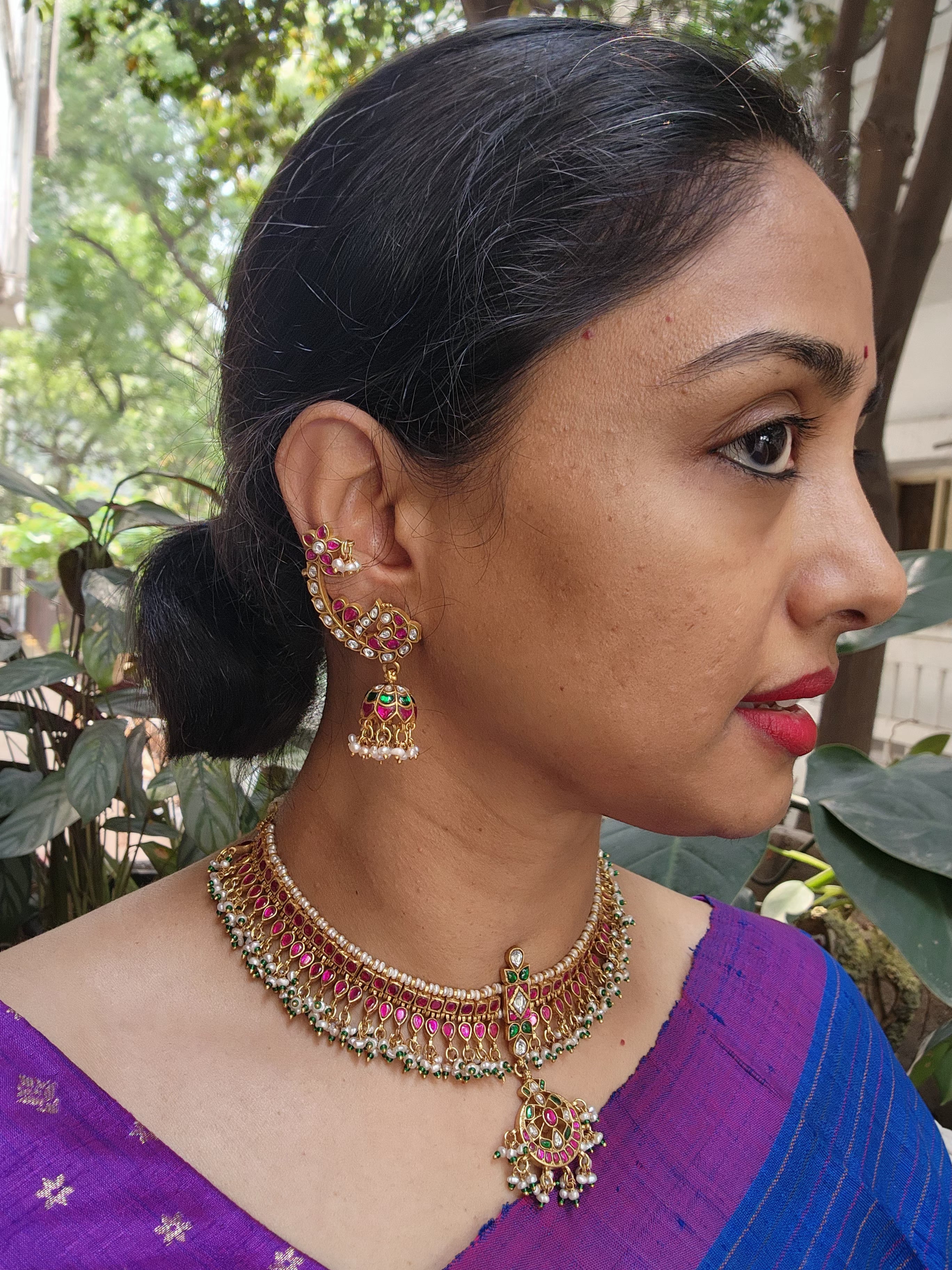 Gold polish kundan & ruby choker with pearls and green onyx beads-Silver Neckpiece-CI-House of Taamara