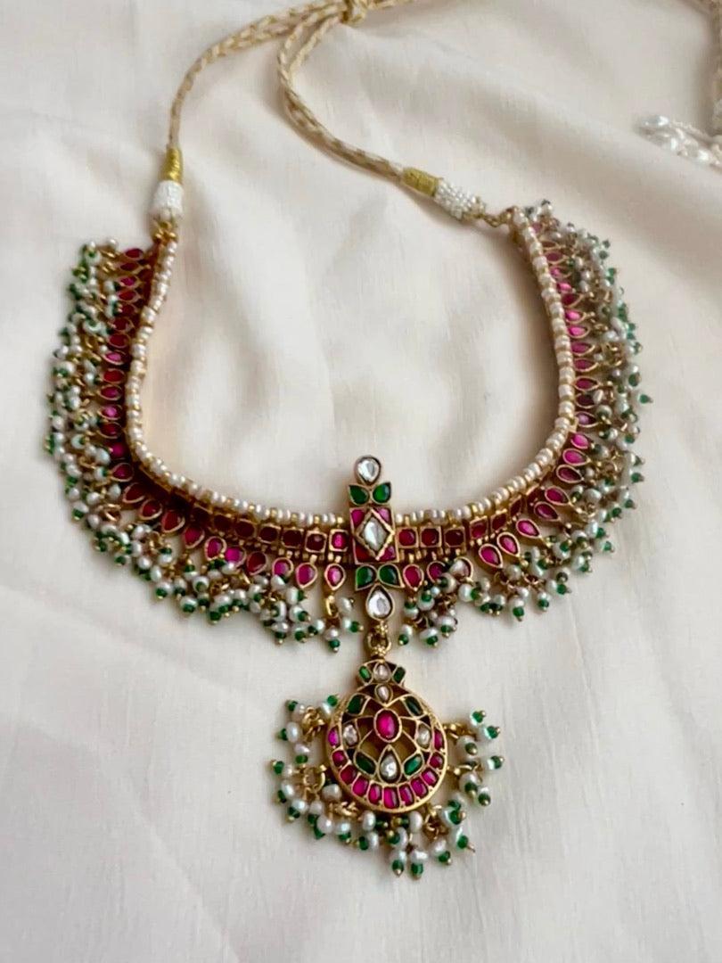 Gold polish kundan & ruby choker with pearls and green onyx beads-Silver Neckpiece-CI-House of Taamara