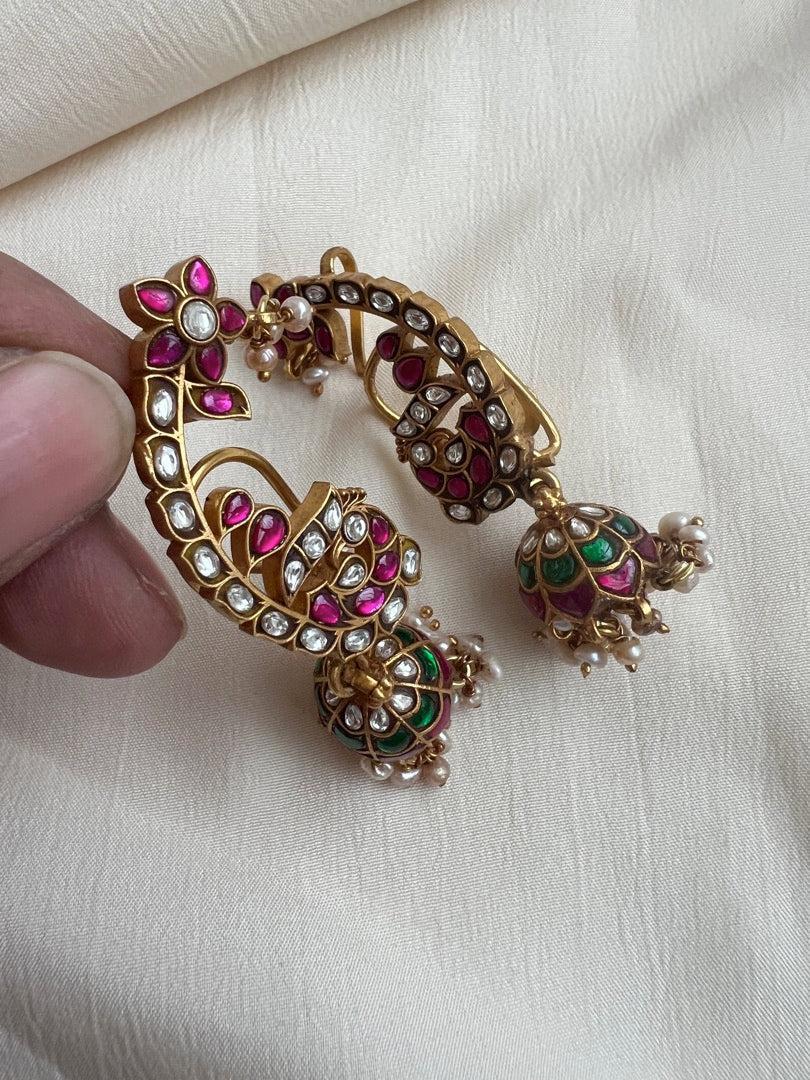 Gold polish kundan & ruby earcuff jhumkas with pearls-Earrings-CI-House of Taamara