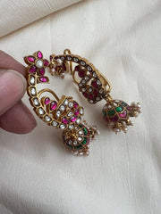Gold polish kundan & ruby earcuff jhumkas with pearls-Earrings-CI-House of Taamara