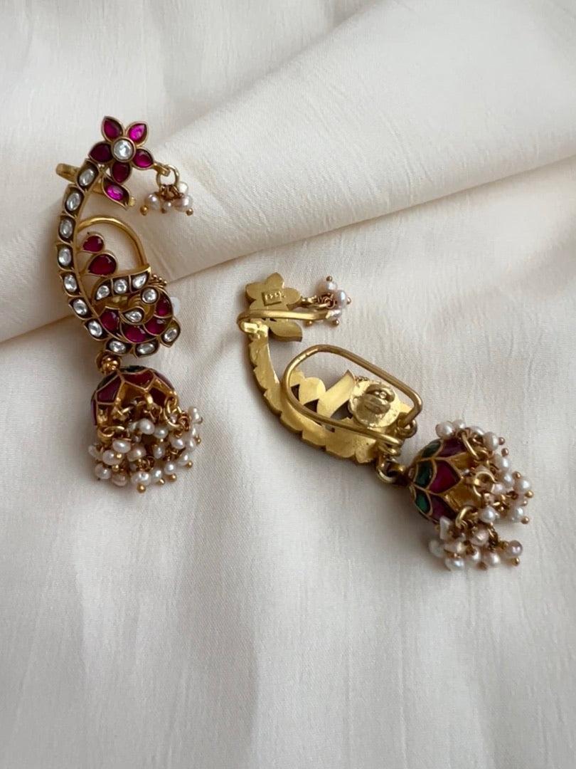 Gold polish kundan & ruby earcuff jhumkas with pearls-Earrings-CI-House of Taamara