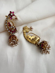 Gold polish kundan & ruby earcuff jhumkas with pearls-Earrings-CI-House of Taamara