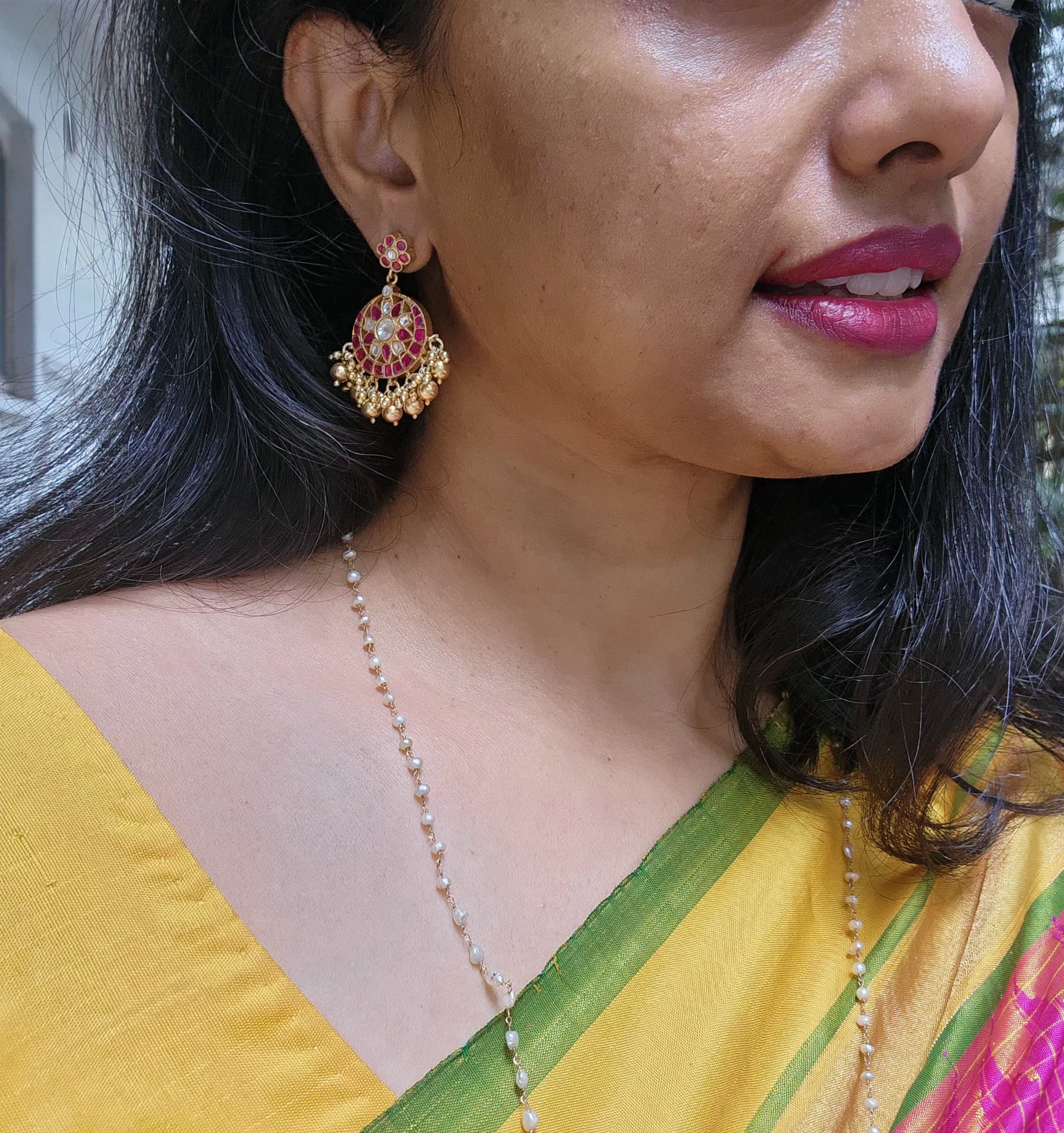 Gold polish kundan & ruby earrings-Earrings-CI-House of Taamara