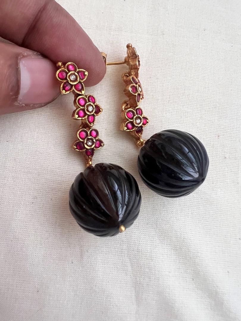 Gold polish kundan & ruby earrings with black onyx beads-Earrings-CI-House of Taamara