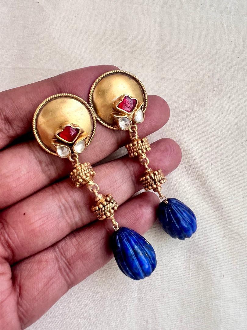 Gold polish kundan & ruby earrings with blue lapiz bead hangings-Earrings-CI-House of Taamara