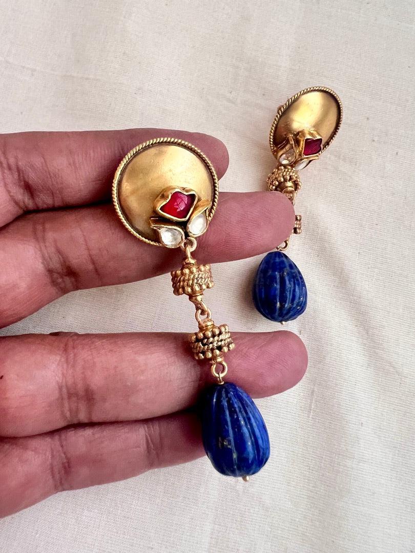 Gold polish kundan & ruby earrings with blue lapiz bead hangings-Earrings-CI-House of Taamara