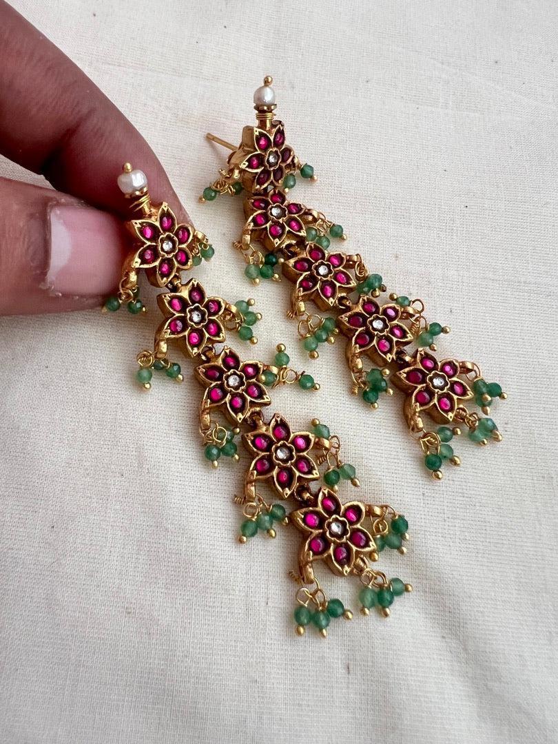 Gold polish kundan & ruby earrings with jade beads-Earrings-CI-House of Taamara