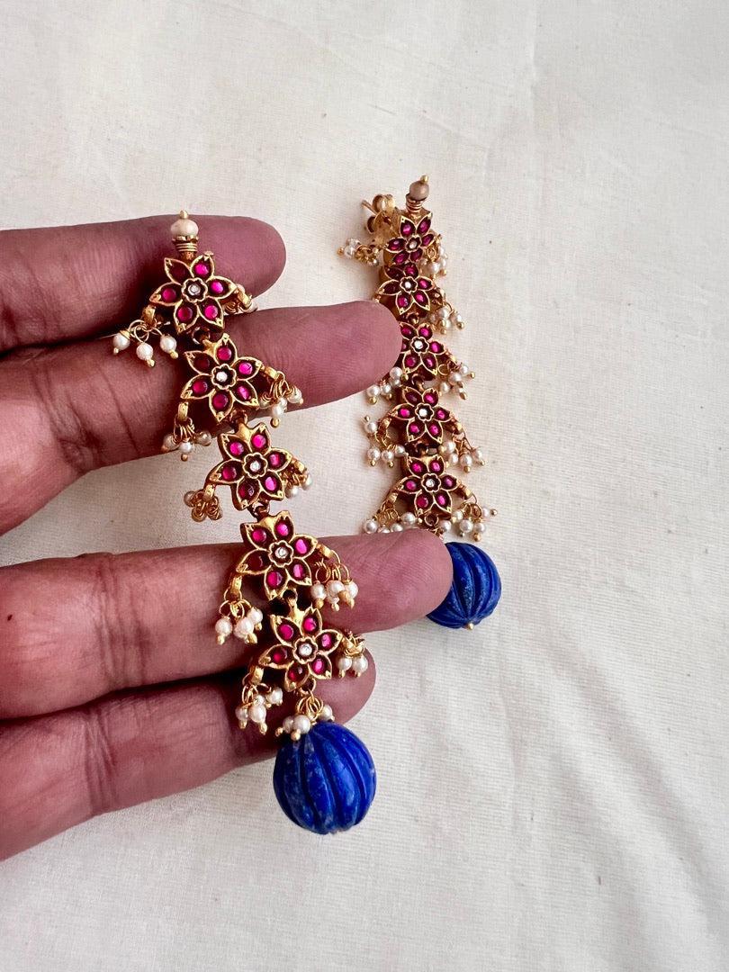 Gold polish kundan & ruby earrings with pearls and blue lapiz beads-Earrings-CI-House of Taamara