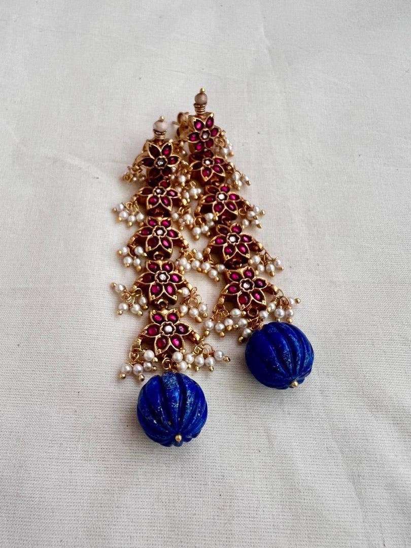 Gold polish kundan & ruby earrings with pearls and blue lapiz beads-Earrings-CI-House of Taamara