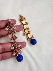 Gold polish kundan & ruby earrings with pearls and blue lapiz beads-Earrings-CI-House of Taamara