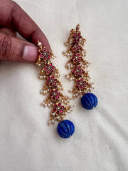 Gold polish kundan & ruby earrings with pearls and blue lapiz beads-Earrings-CI-House of Taamara