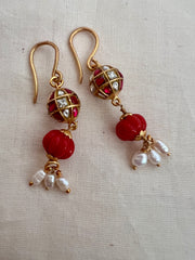 Gold polish kundan & ruby earrings with pearls and coral beads-Earrings-CI-House of Taamara