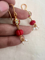 Gold polish kundan & ruby earrings with pearls and coral beads-Earrings-CI-House of Taamara