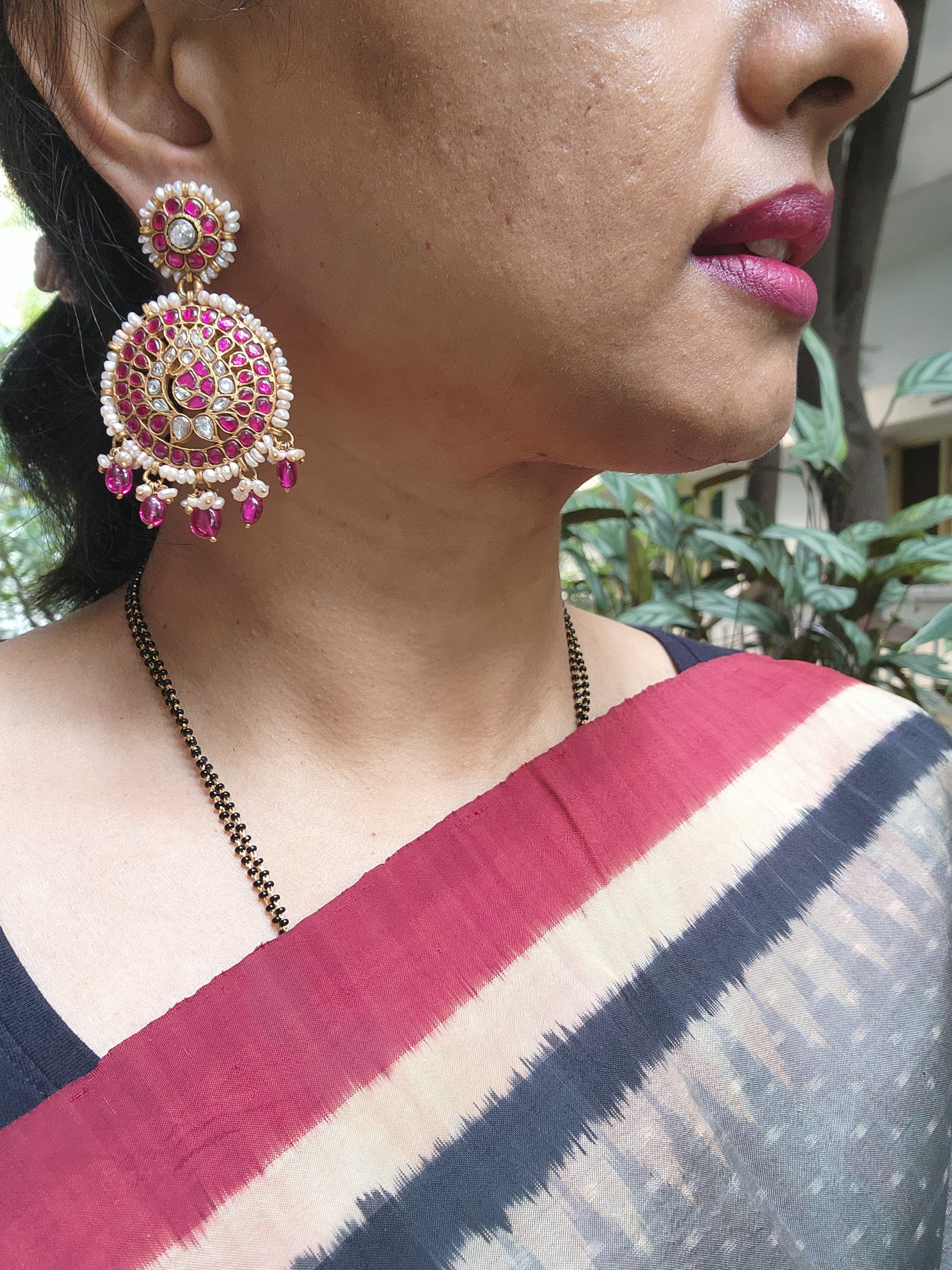 Gold polish kundan & ruby earrings with pearls and ruby beads-Earrings-CI-House of Taamara