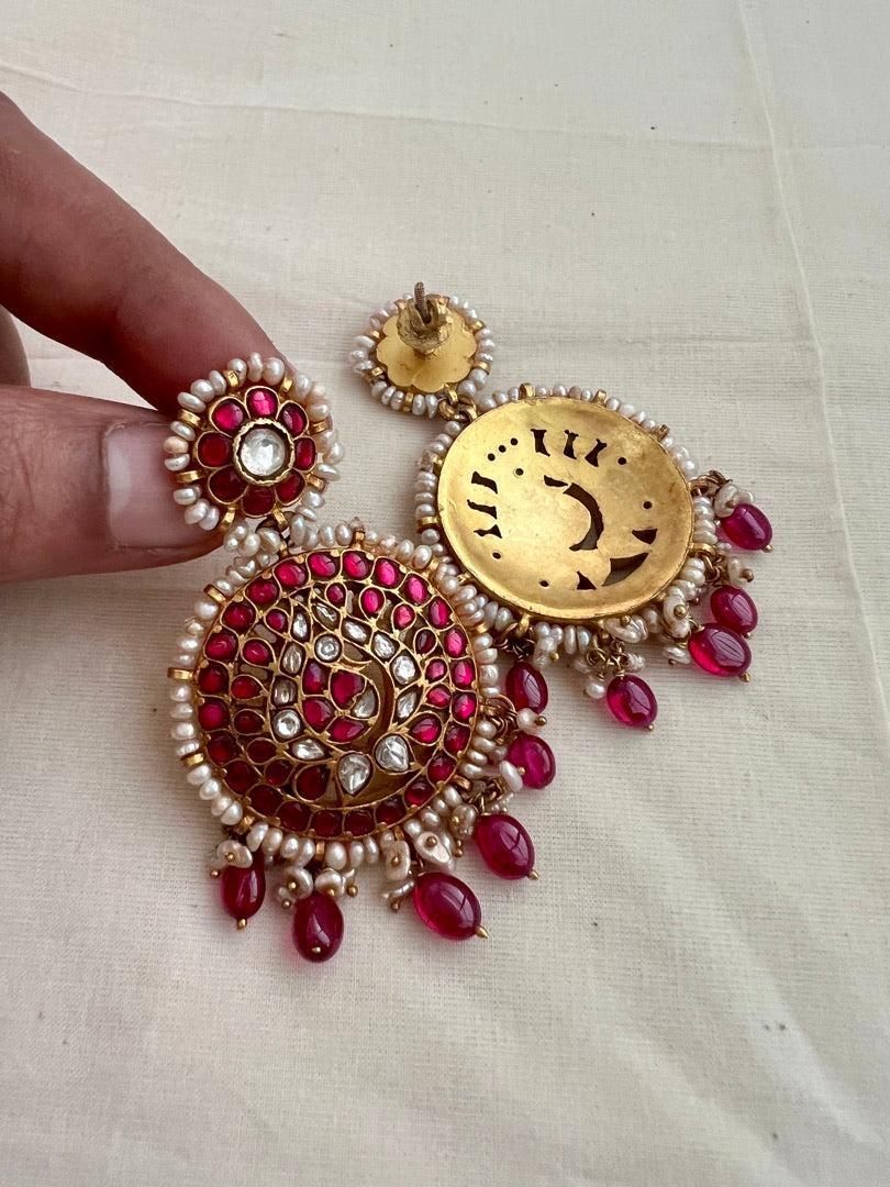 Gold polish kundan & ruby earrings with pearls and ruby beads-Earrings-CI-House of Taamara