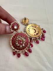 Gold polish kundan & ruby earrings with pearls and ruby beads-Earrings-CI-House of Taamara