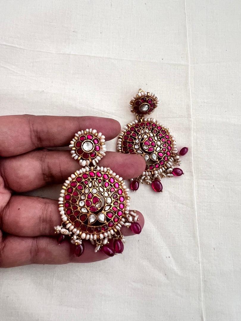 Gold polish kundan & ruby earrings with pearls and ruby beads-Earrings-CI-House of Taamara