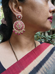 Gold polish kundan & ruby earrings with pearls and ruby beads-Earrings-CI-House of Taamara