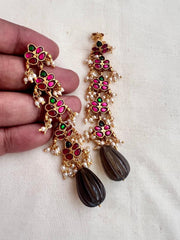 Gold polish kundan & ruby earrings with pearls & smoky quartz beads-Earrings-CI-House of Taamara