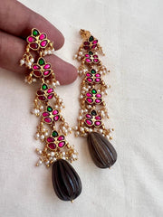 Gold polish kundan & ruby earrings with pearls & smoky quartz beads-Earrings-CI-House of Taamara