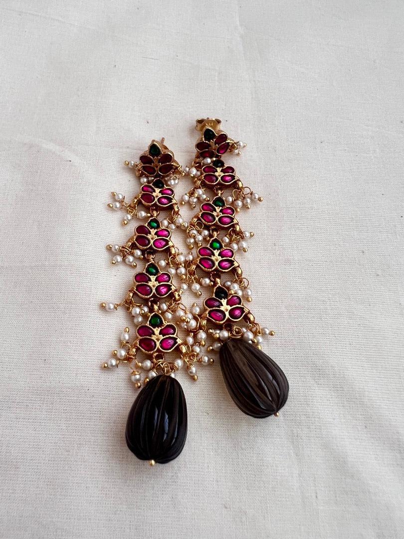 Gold polish kundan & ruby earrings with pearls & smoky quartz beads-Earrings-CI-House of Taamara