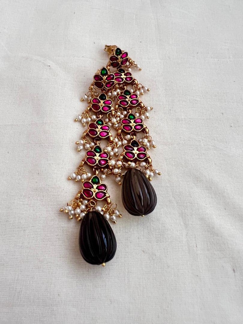 Gold polish kundan & ruby earrings with pearls & smoky quartz beads-Earrings-CI-House of Taamara