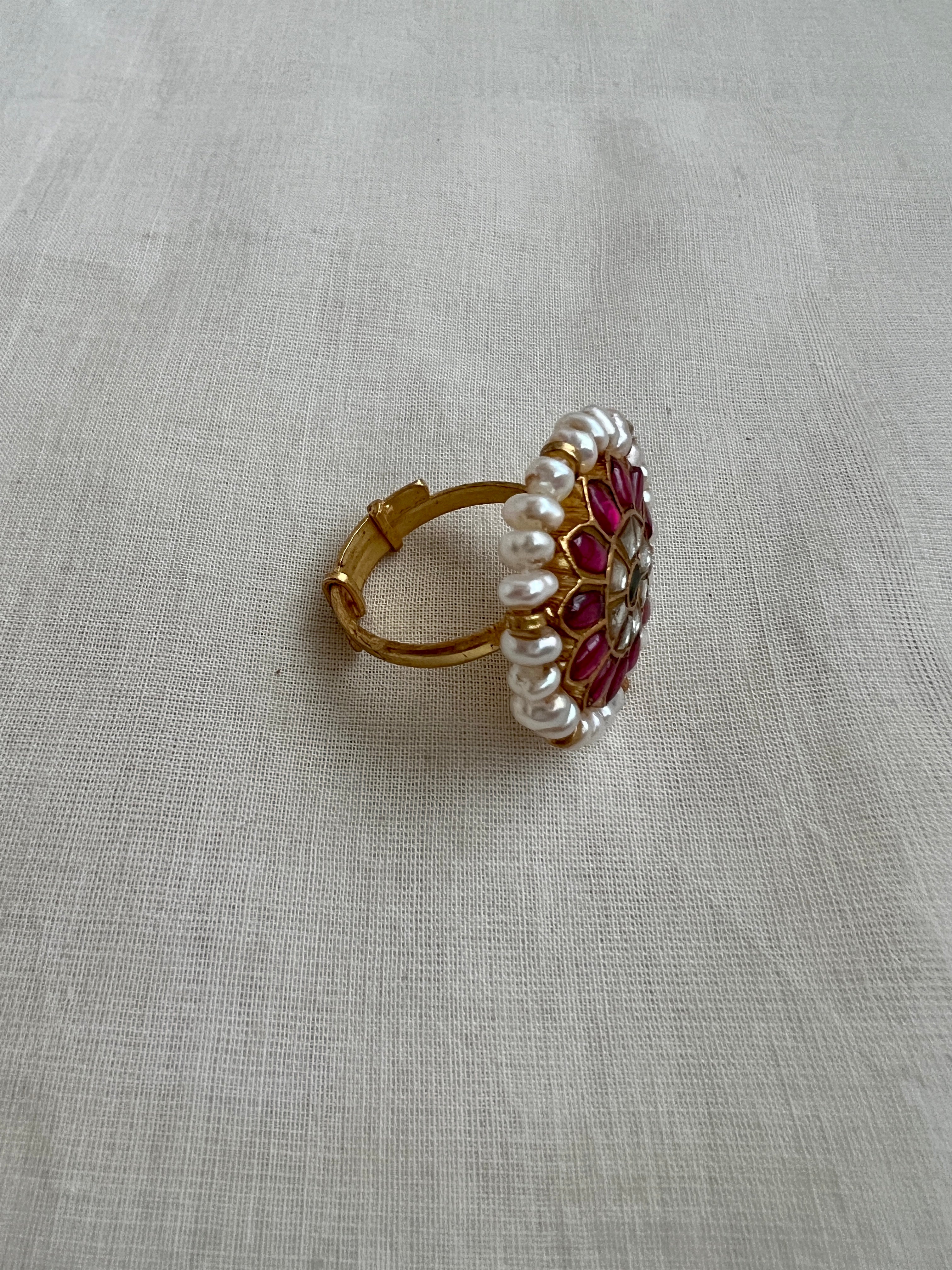 Gold polish kundan, ruby & emerald adjustable ring with pearls-Finger Ring-CI-House of Taamara