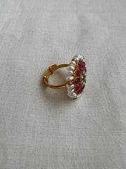 Gold polish kundan, ruby & emerald adjustable ring with pearls-Finger Ring-CI-House of Taamara