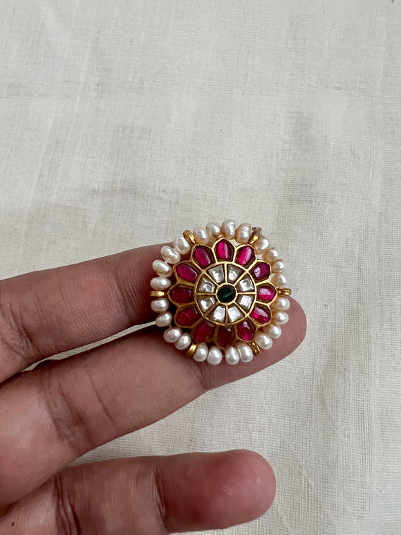 Gold polish kundan, ruby & emerald adjustable ring with pearls-Finger Ring-CI-House of Taamara