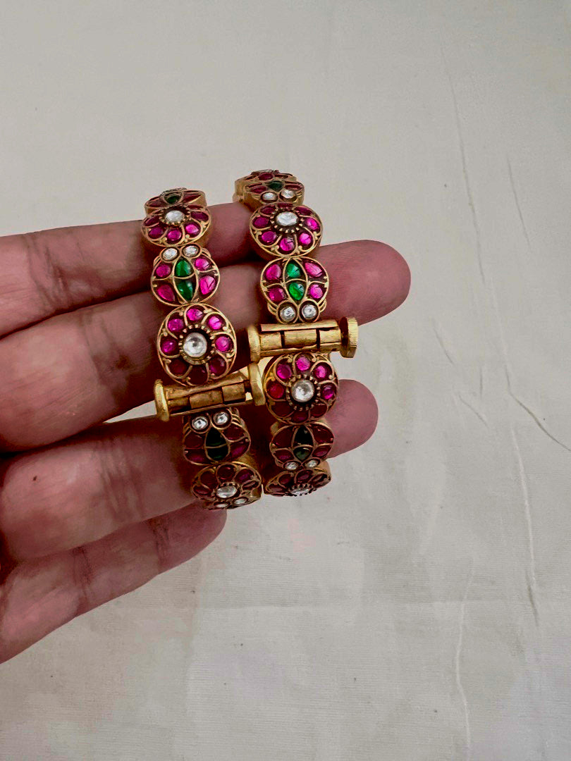 Gold polish kundan, ruby & emerald bangles, PAIR-Silver Bracelet-CI-House of Taamara