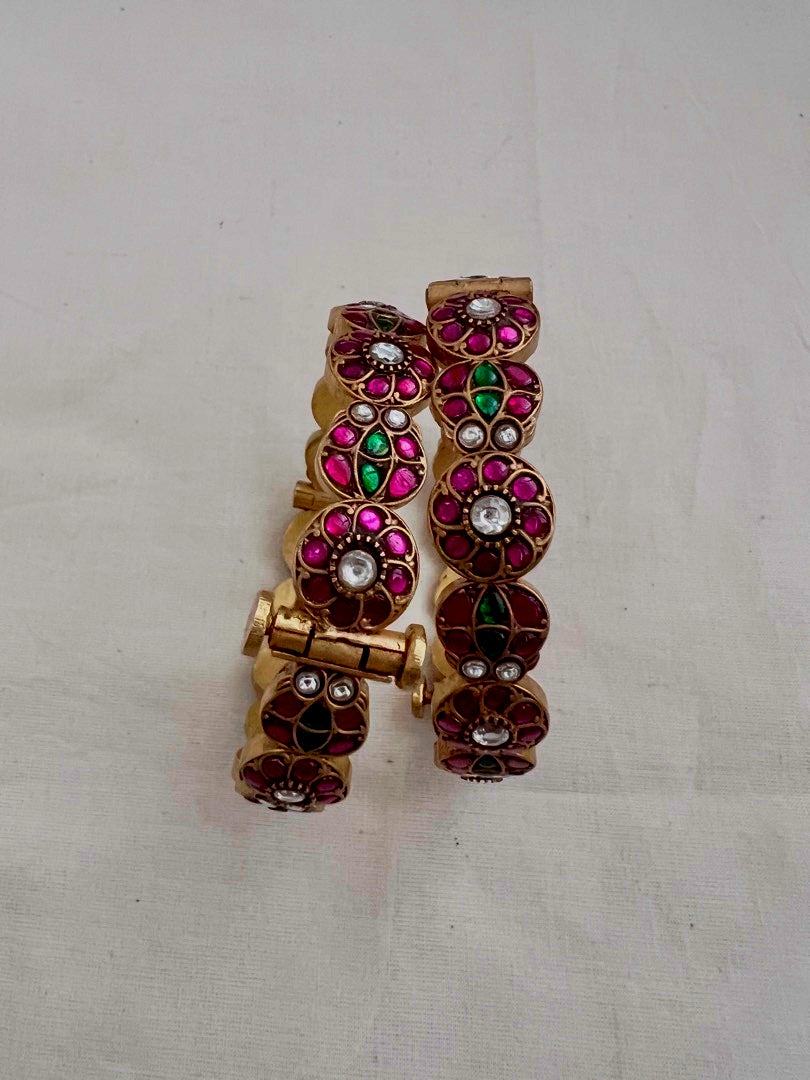 Gold polish kundan, ruby & emerald bangles, PAIR-Silver Bracelet-CI-House of Taamara