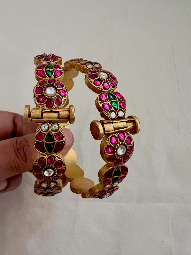 Gold polish kundan, ruby & emerald bangles, PAIR-Silver Bracelet-CI-House of Taamara