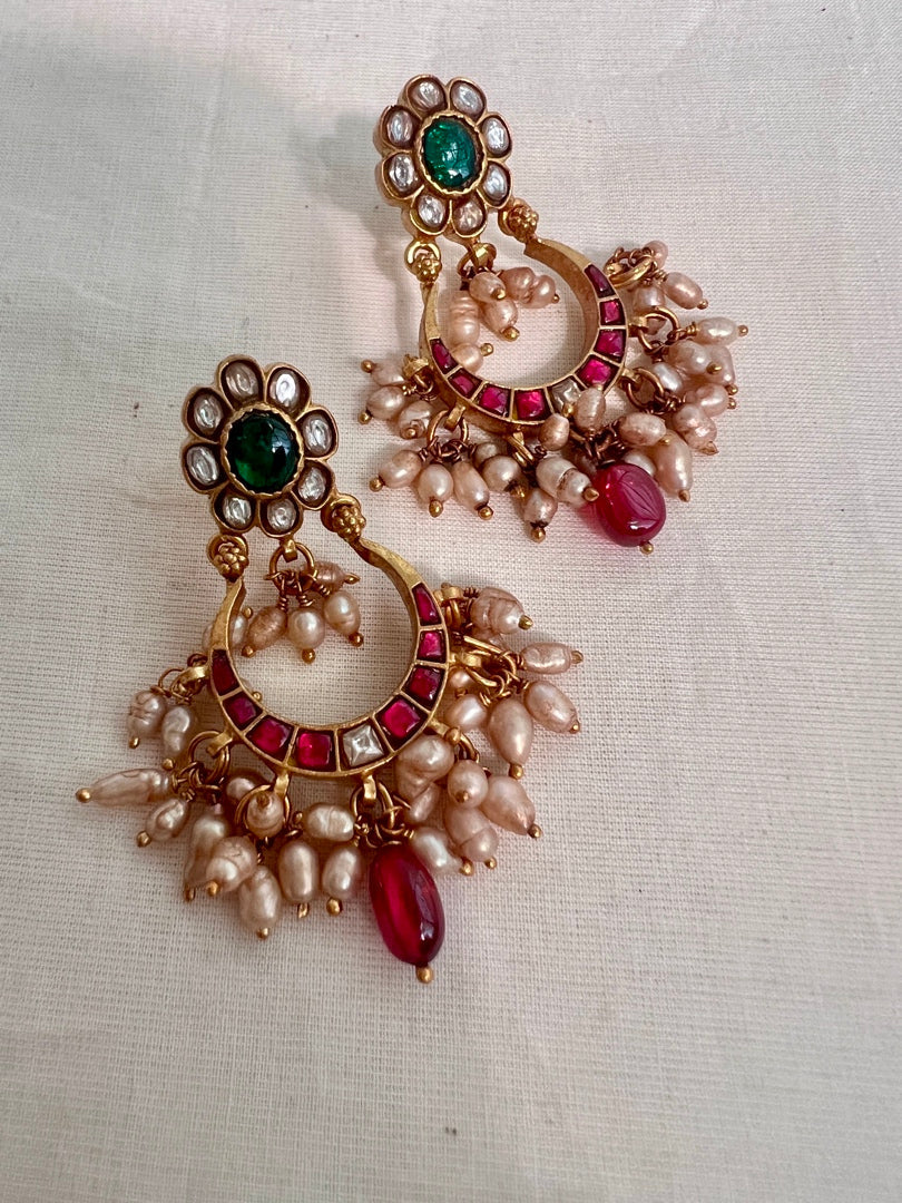 Gold polish kundan, ruby & emerald chandbalis with pearls-Earrings-CI-House of Taamara