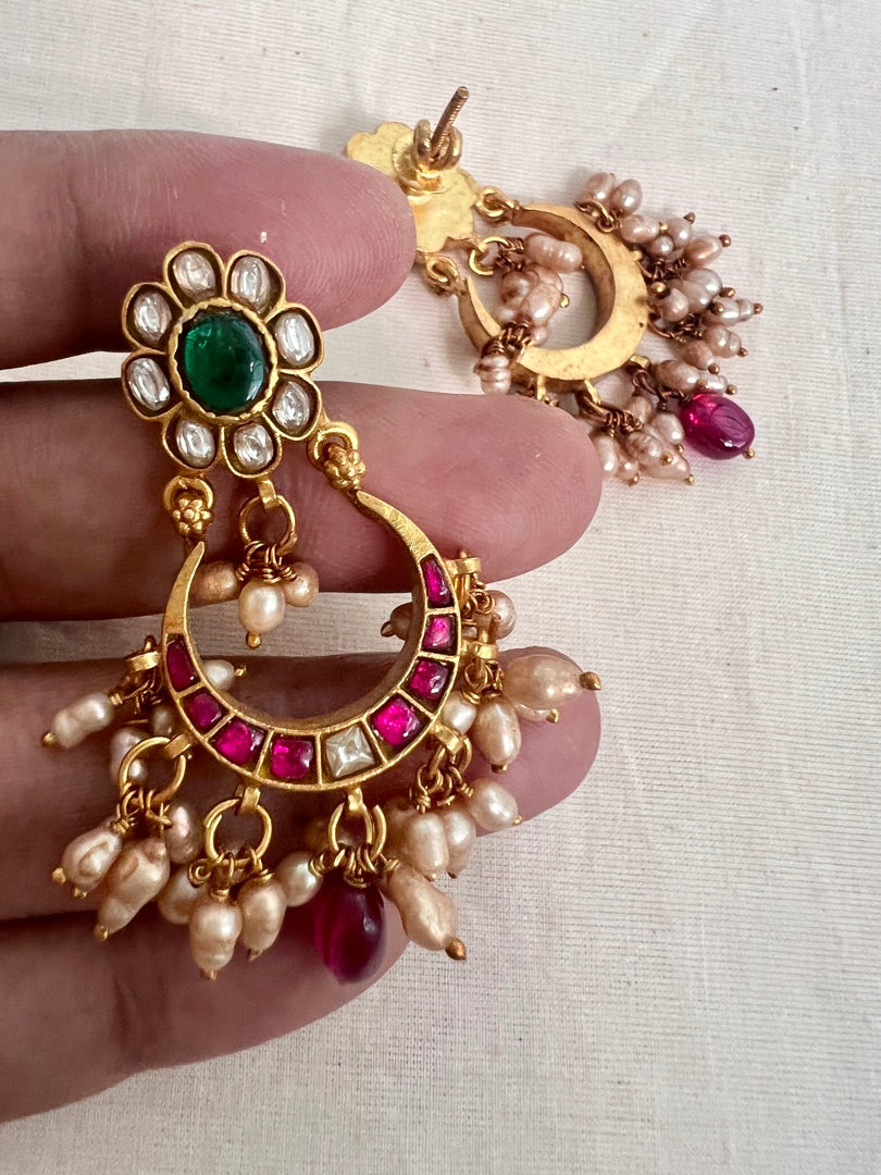 Gold polish kundan, ruby & emerald chandbalis with pearls-Earrings-CI-House of Taamara