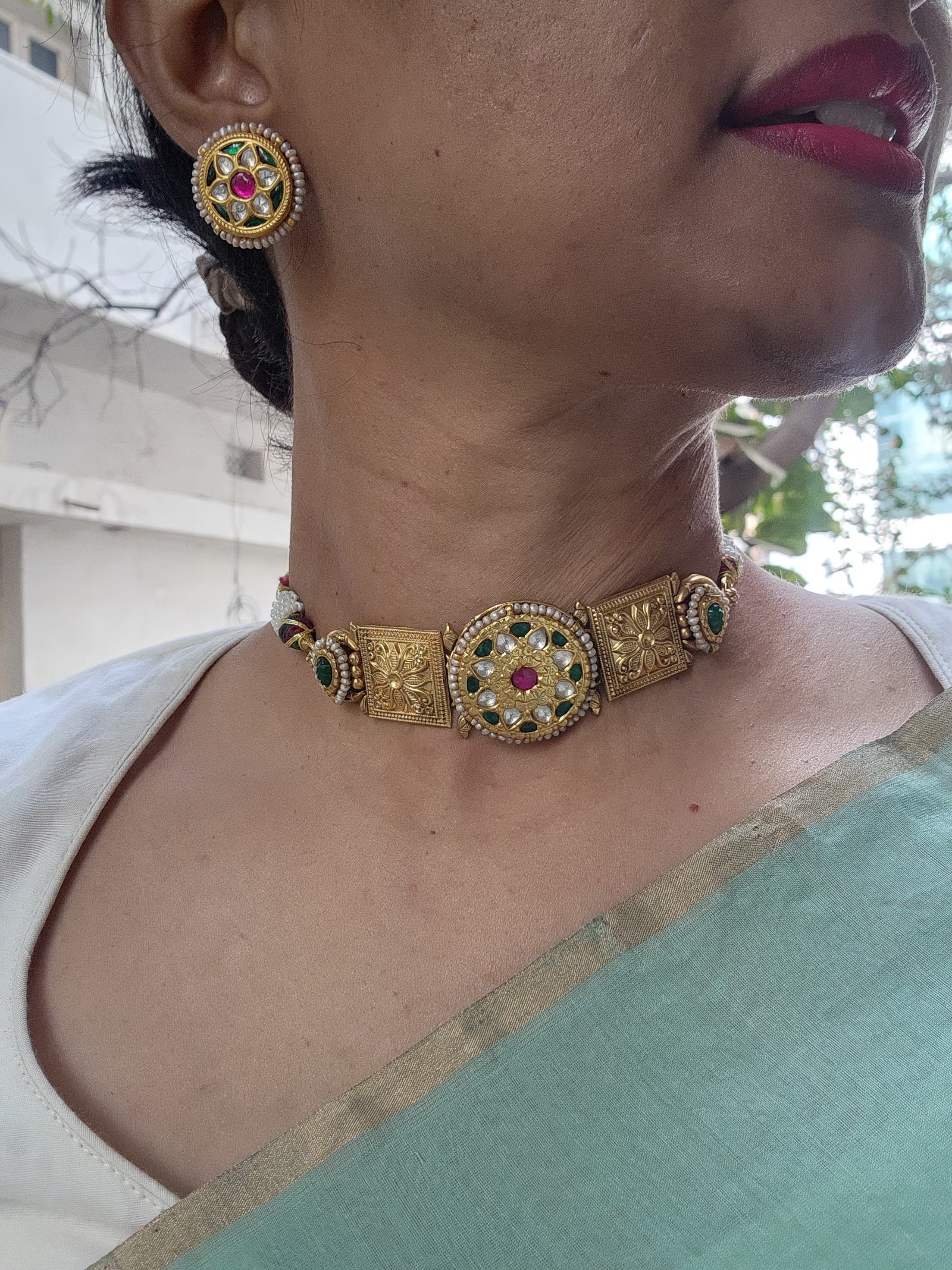 Gold polish kundan ruby & emerald choker with earrings, SET-Silver Neckpiece-CI-House of Taamara