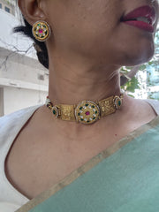 Gold polish kundan ruby & emerald choker with earrings, SET-Silver Neckpiece-CI-House of Taamara