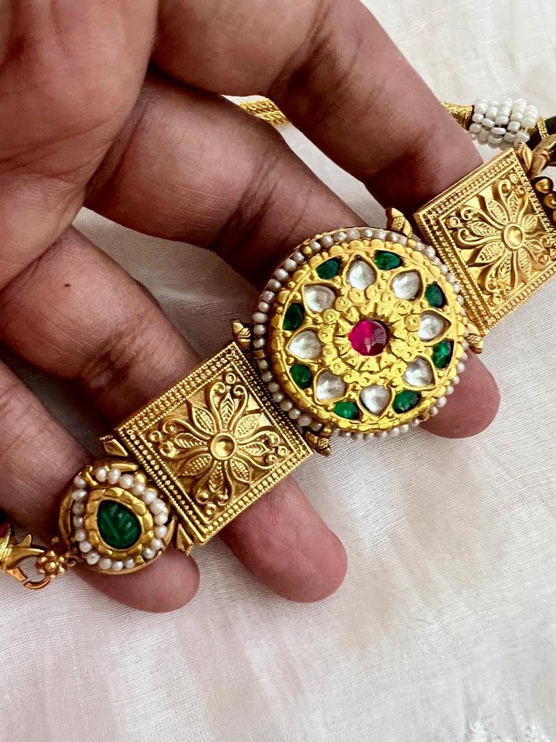 Gold polish kundan ruby & emerald choker with earrings, SET-Silver Neckpiece-CI-House of Taamara