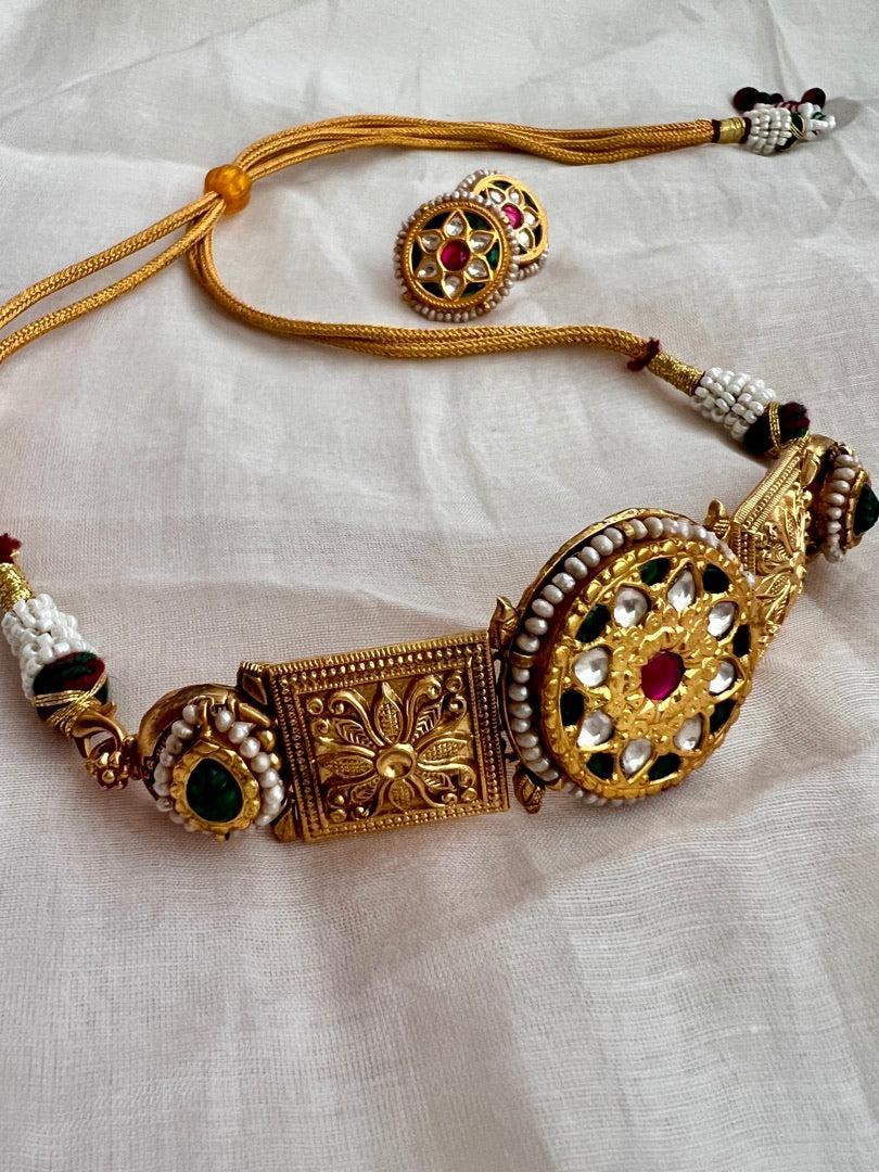 Gold polish kundan ruby & emerald choker with earrings, SET-Silver Neckpiece-CI-House of Taamara