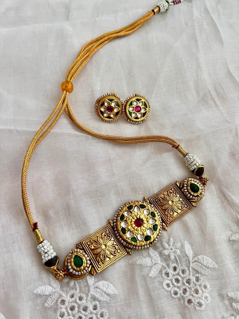 Gold polish kundan ruby & emerald choker with earrings, SET-Silver Neckpiece-CI-House of Taamara