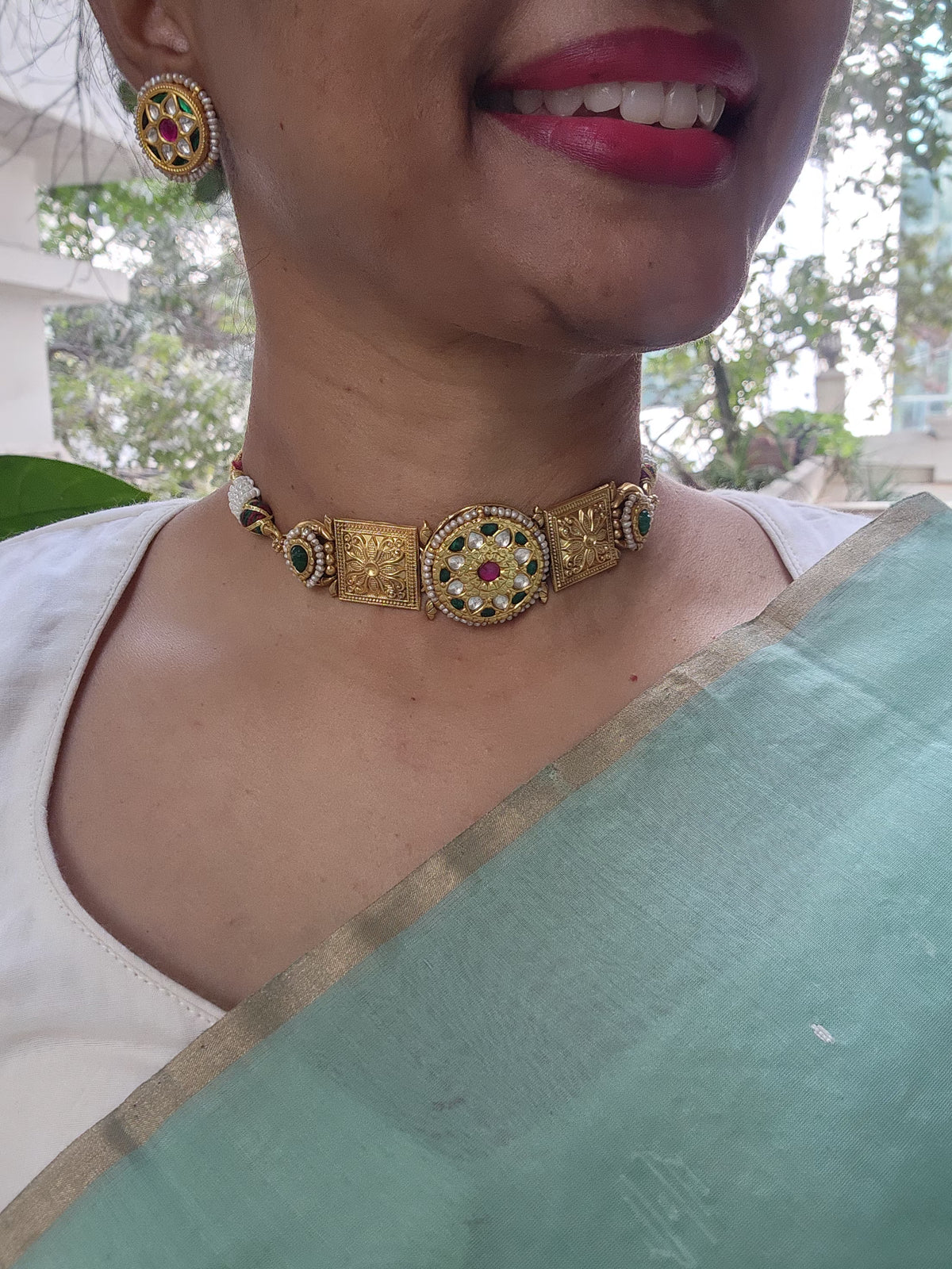 Gold polish kundan ruby & emerald choker with earrings, SET-Silver Neckpiece-CI-House of Taamara